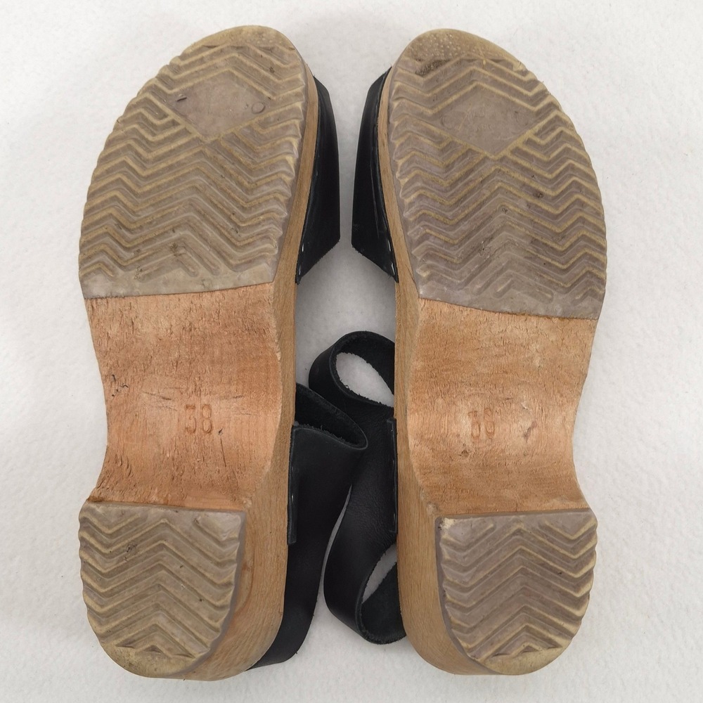 Swedish Hasbeens Clog Sandals Black 38 Retro Boho Wood Platform Peep Toe Heels - Picture 9 of 11